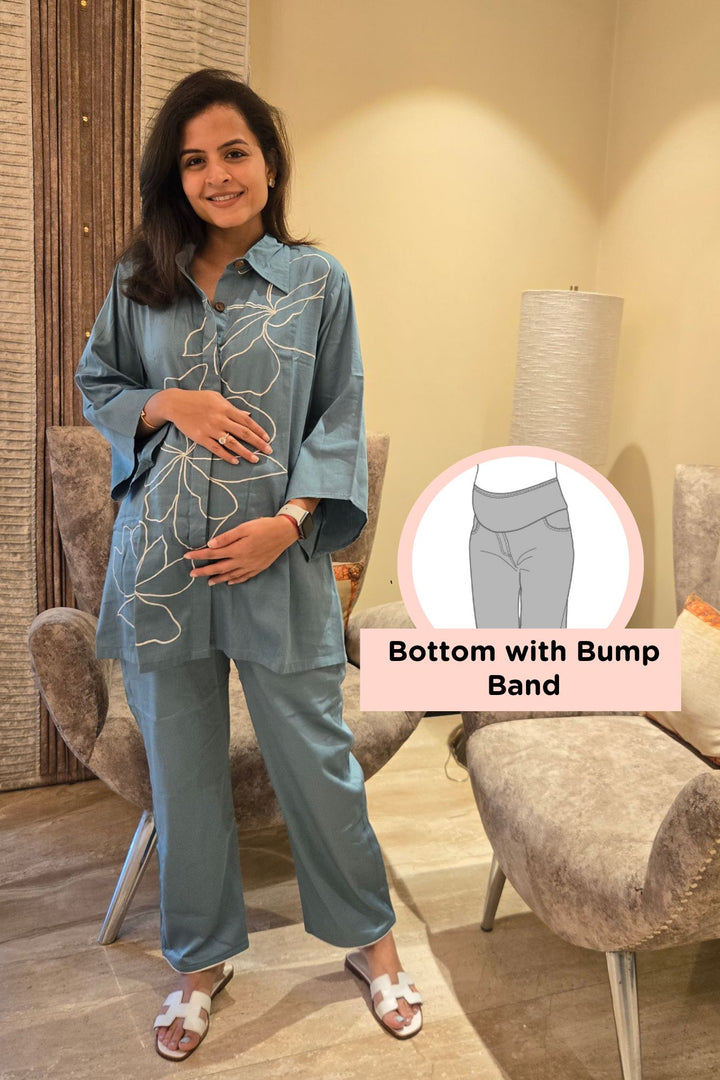 Classy Sage Blue Maternity & Nursing Lounge Coord Set (2Pc) momzjoy.com