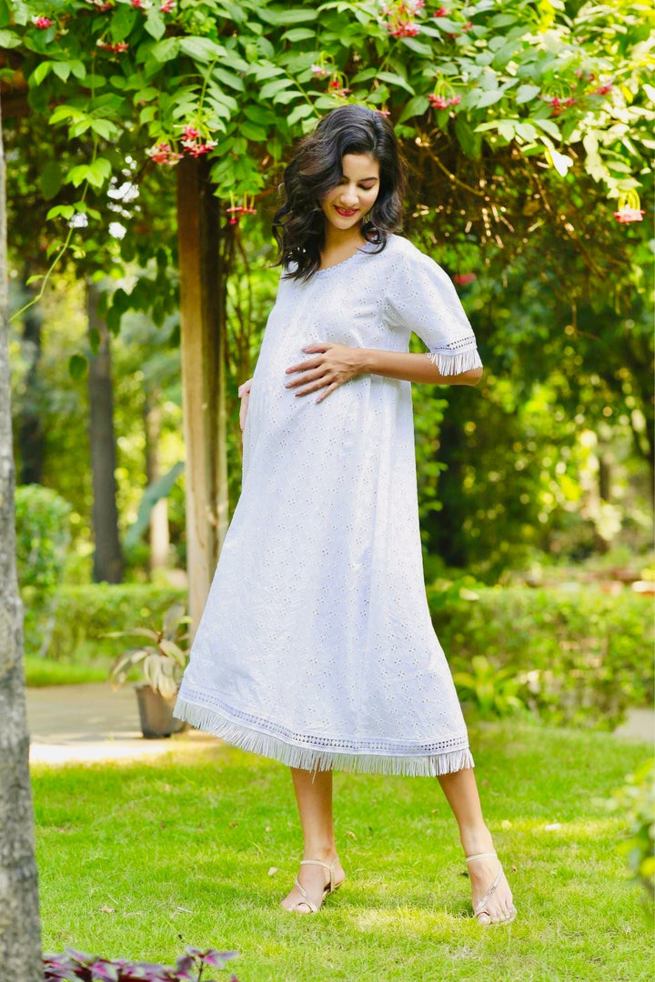 Absolute Angelic White Maternity & Nursing Dress (100% Cotton) MOMZJOY.COM
