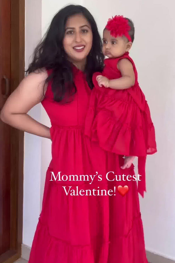 Mini Me (Mother-Daughter) Candy Red Maternity & Nursing Concealed Zips Frill Dress (Set Of 2) MOMZJOY.COM