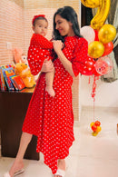 Mini Me (Mother-Daughter) Asymmetrical Red Polka High Neck Maternity & Nursing Dress (Set Of 2) MOMZJOY.COM