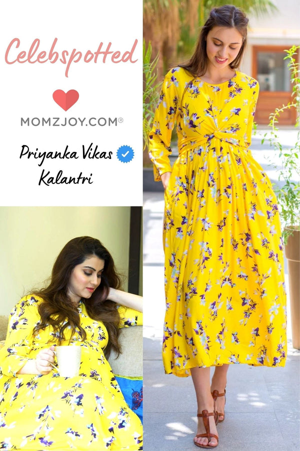 Cheery Yellow Floral Knot Maternity Midi Dress MOMZJOY.COM