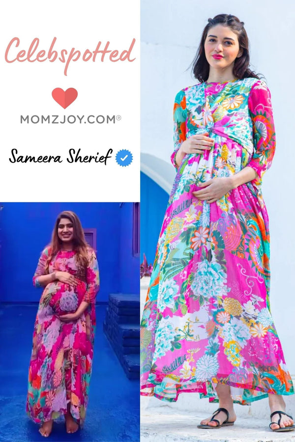 Blossom Floral Crepe Maternity Knot Dress MOMZJOY.COM