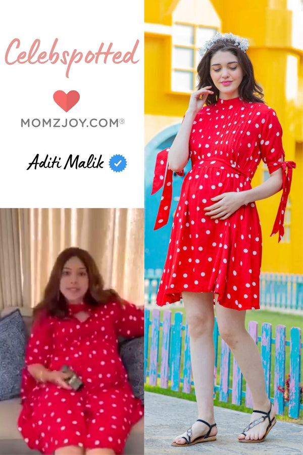 Cute Red Polka Side Ties Maternity & Nursing Dress MOMZJOY.COM