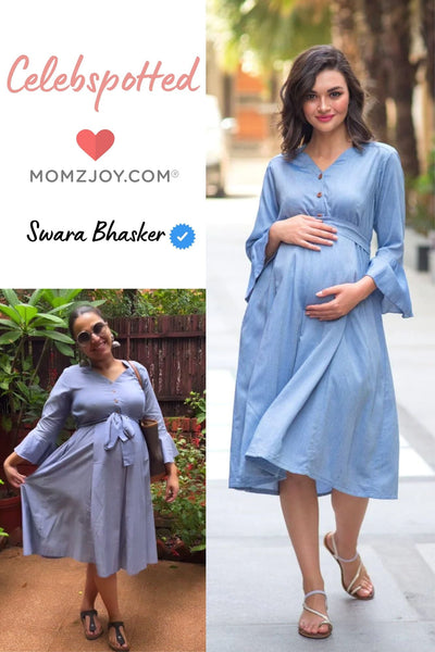 Denim Front Button Maternity & Nursing Dress momzjoy.com