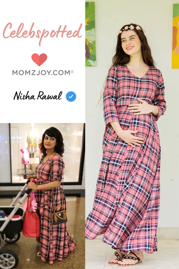 Rouge Pink Plaid Maternity & Nursing Maxi Dress momzjoy.com