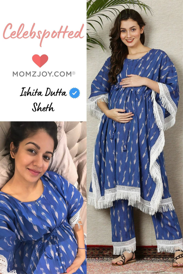 Premium Berry Blue Ikat Maternity & Nursing Kaftan Coord Set (100% Cotton) (2 Pc) momzjoy.com