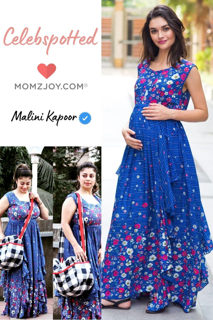 Celeste Blue Floral Luxe Maternity & Nursing Dress momzjoy.com