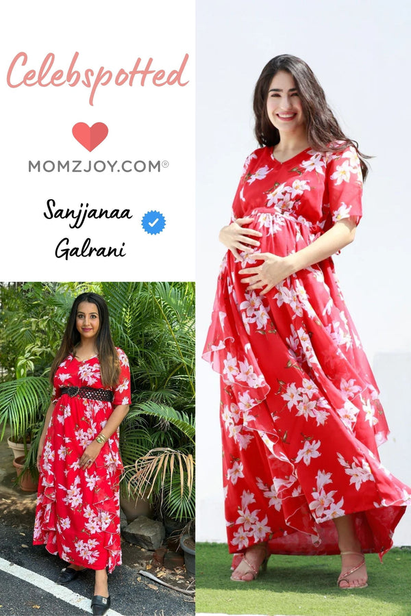 Crimson Red Blossom Maternity Flow Dress momzjoy.com