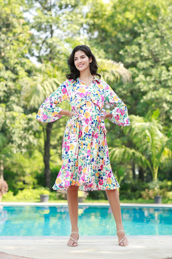 Breezy Floral Punch Maternity Knee Frill Dress momzjoy.com