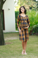 Paradise Mustard Plaid Pintucks Maternity & Nursing Dress MOMZJOY.COM