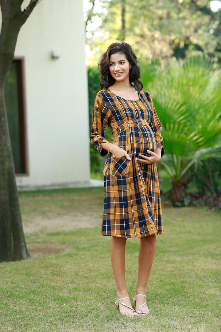 Paradise Mustard Plaid Pintucks Maternity & Nursing Dress MOMZJOY.COM