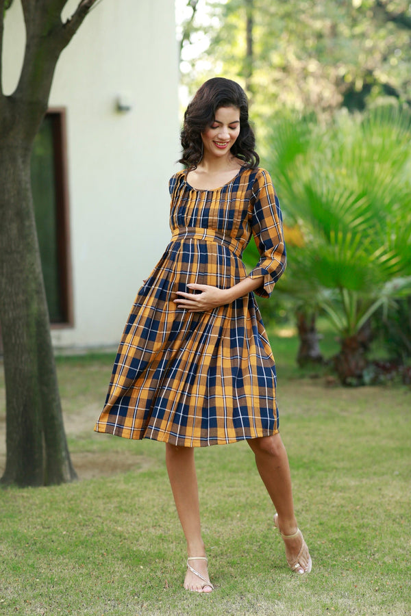 Paradise Mustard Plaid Pintucks Maternity & Nursing Dress MOMZJOY.COM