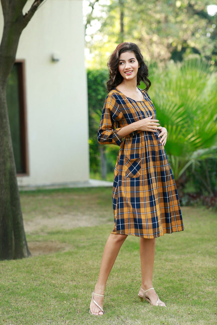 Paradise Mustard Plaid Pintucks Maternity & Nursing Dress MOMZJOY.COM