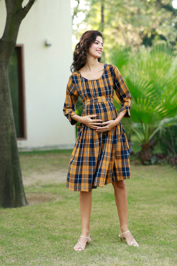 Paradise Mustard Plaid Pintucks Maternity & Nursing Dress MOMZJOY.COM