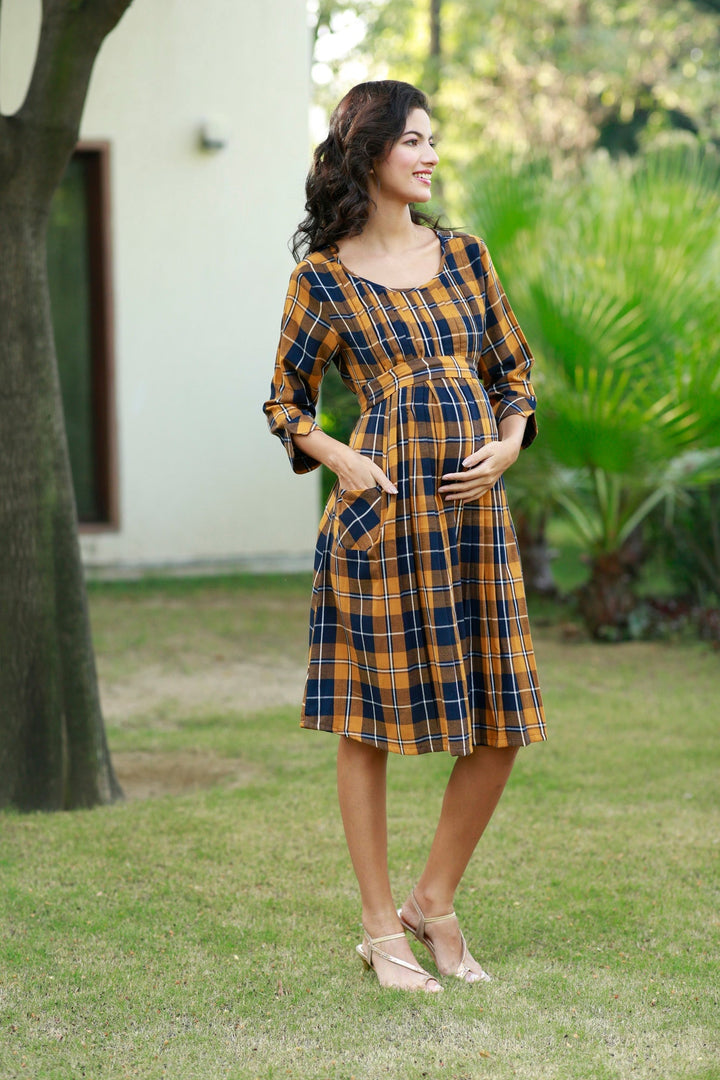 Paradise Mustard Plaid Pintucks Maternity & Nursing Dress MOMZJOY.COM