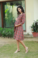 Blush Plaid Pintucks Maternity & Nursing Dress MOMZJOY.COM