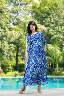 Azure Paisley Art Slit Concealed Zips Maternity & Nursing Dress MOMZJOY.COM