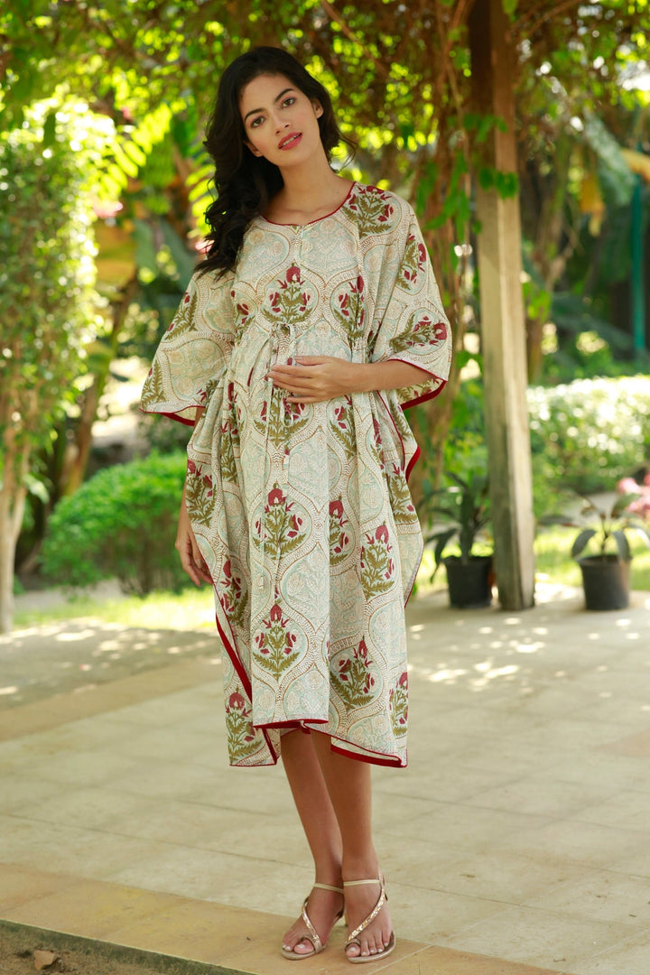 Classic Ethnic Floral Maternity & Nursing Kaftan (100% Cotton) momzjoy.com