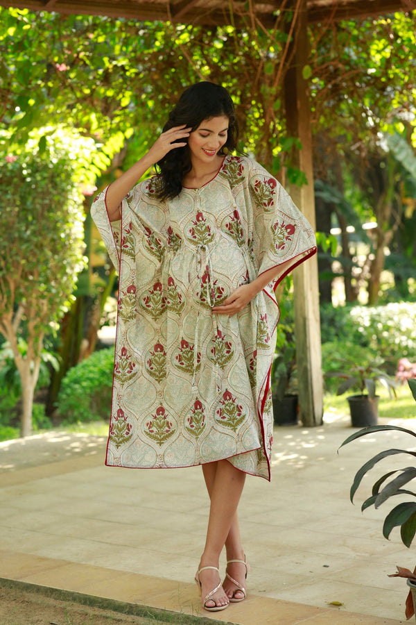 Classic Ethnic Floral Maternity & Nursing Kaftan (100% Cotton) momzjoy.com