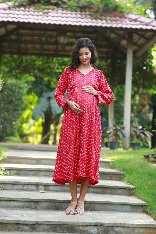 Adorable Candy Red Blossom Maternity & Nursing Dress momzjoy.com