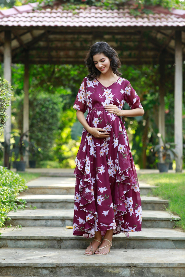 Eden Grape Wine Maternity & Nursing Flow Dress momzjoy.com