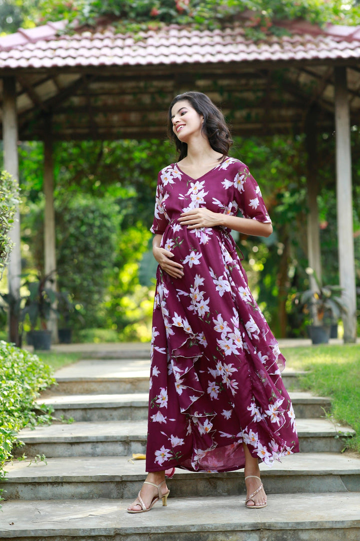 Eden Grape Wine Maternity & Nursing Flow Dress momzjoy.com