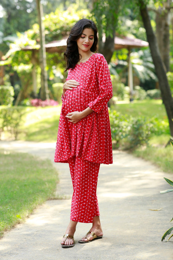 Easeful Cherry Red Maternity & Nursing Lounge Coord Set (2Pc) (100% Cotton) momzjoy.com