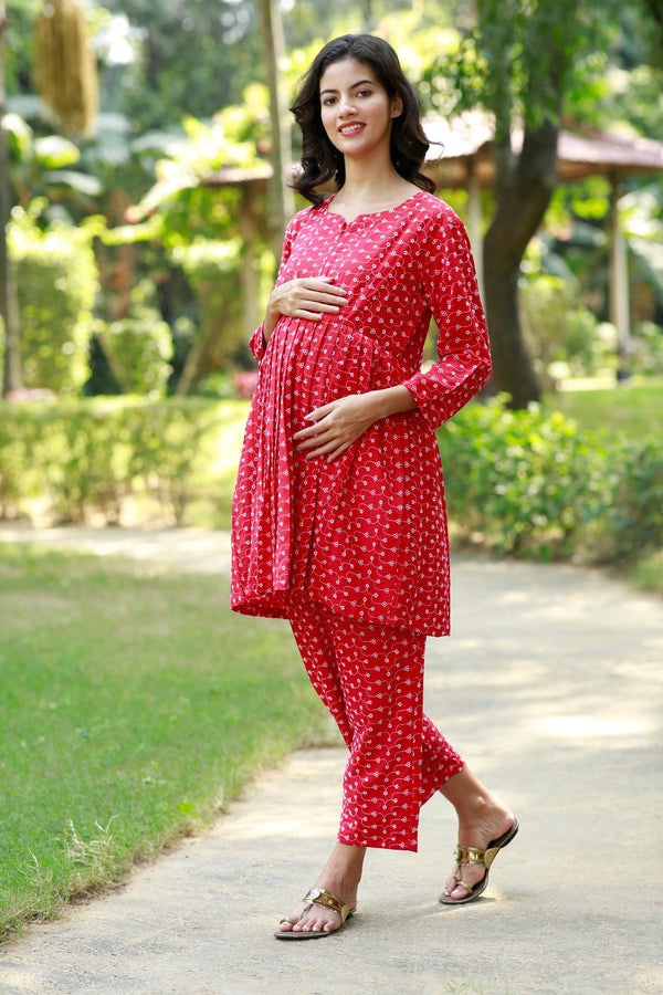 Easeful Cherry Red Maternity & Nursing Lounge Coord Set (2Pc) (100% Cotton) momzjoy.com