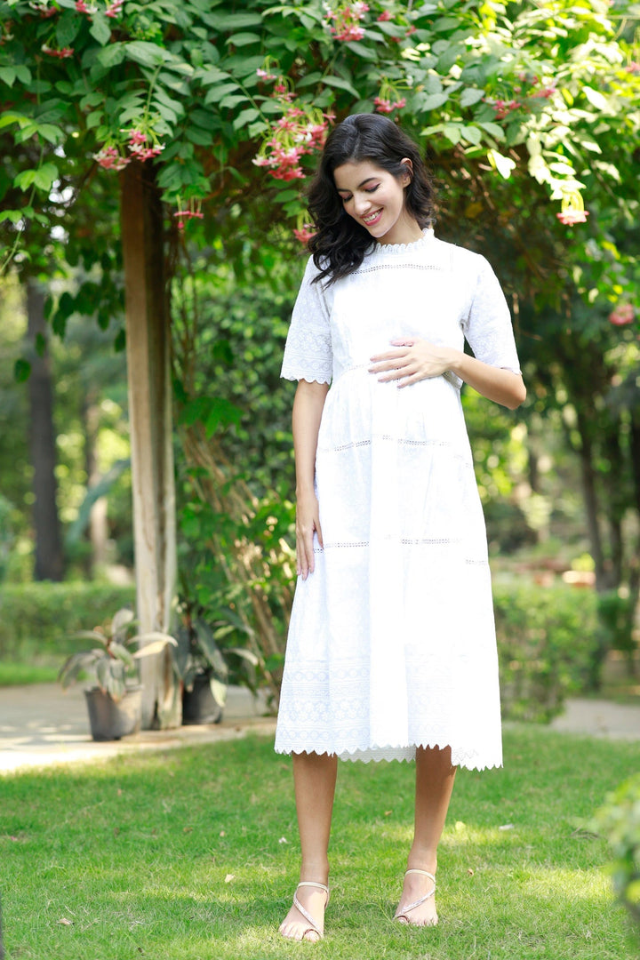 Paradise Daisy White Maternity & Nursing Dress (100% Cotton) momzjoy.com