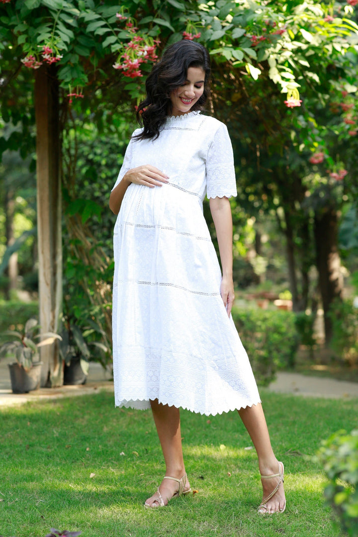 Paradise Daisy White Maternity & Nursing Dress (100% Cotton) momzjoy.com