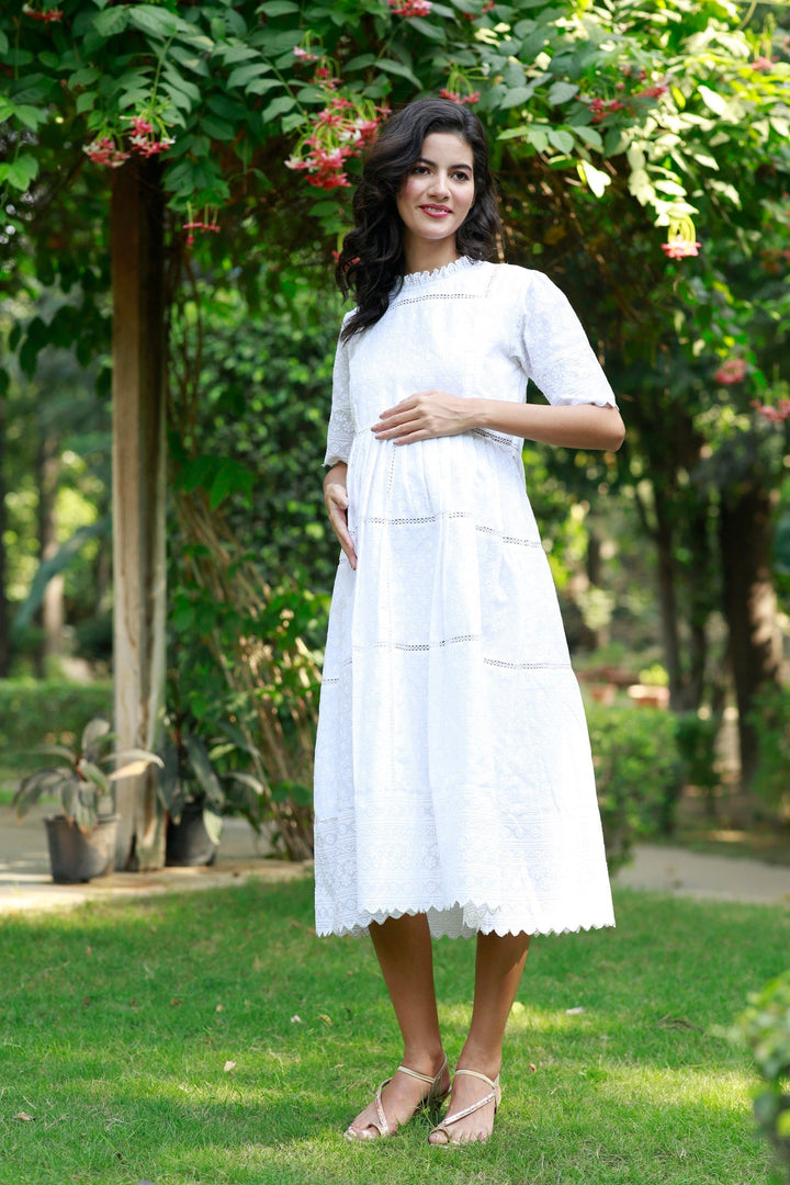 Paradise Daisy White Maternity & Nursing Dress (100% Cotton) momzjoy.com