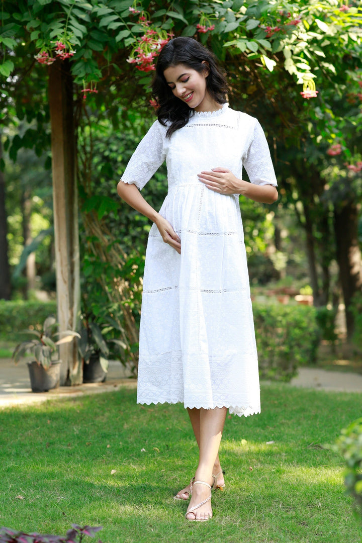 Paradise Daisy White Maternity & Nursing Dress (100% Cotton) momzjoy.com