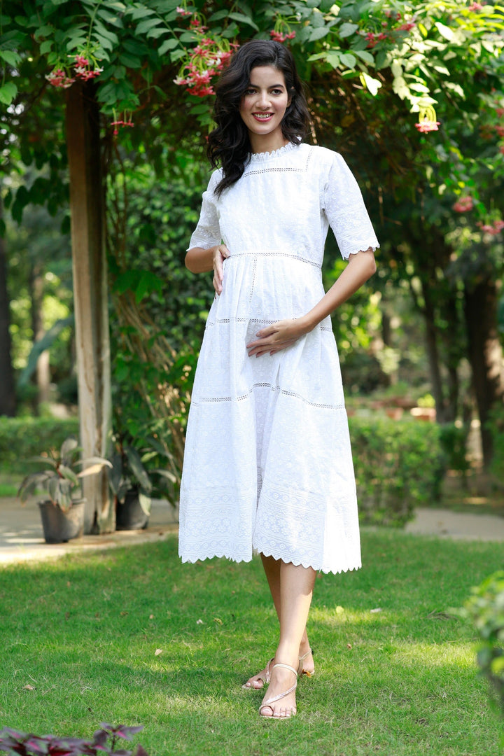 Paradise Daisy White Maternity & Nursing Dress (100% Cotton) momzjoy.com