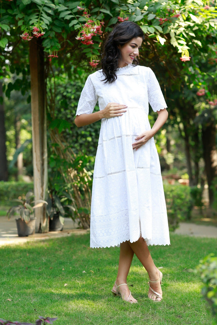 Paradise Daisy White Maternity & Nursing Dress (100% Cotton) momzjoy.com