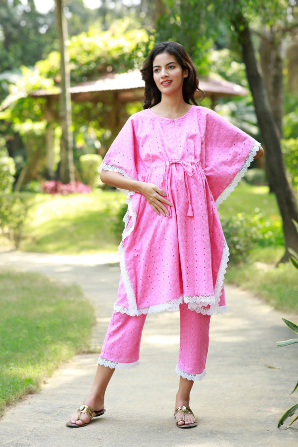Blush Pink Maternity & Nursing Kaftan Coord Set (100% Cotton) (2 pc) momzjoy.com