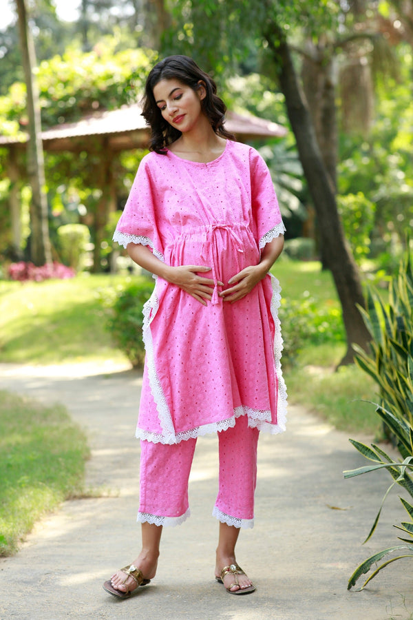 Blush Pink Maternity & Nursing Kaftan Coord Set (100% Cotton) (2 pc) momzjoy.com