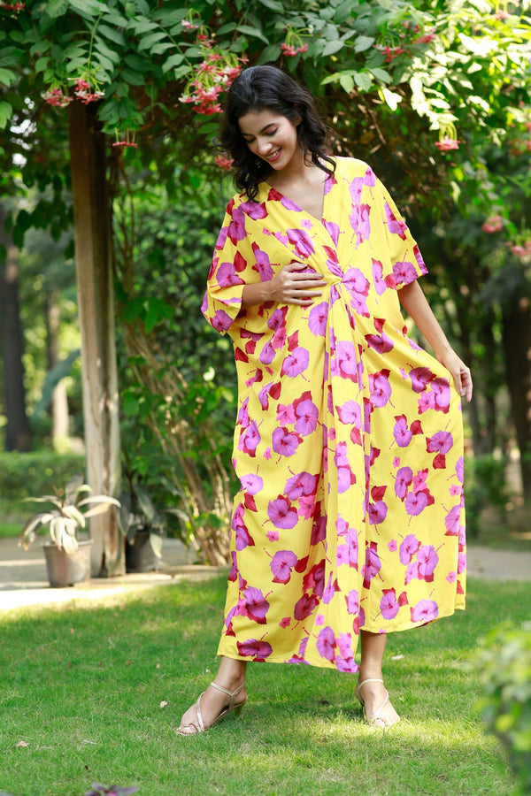 Canary Yellow Pink Blossom Maternity & Nursing Kaftan momzjoy.com