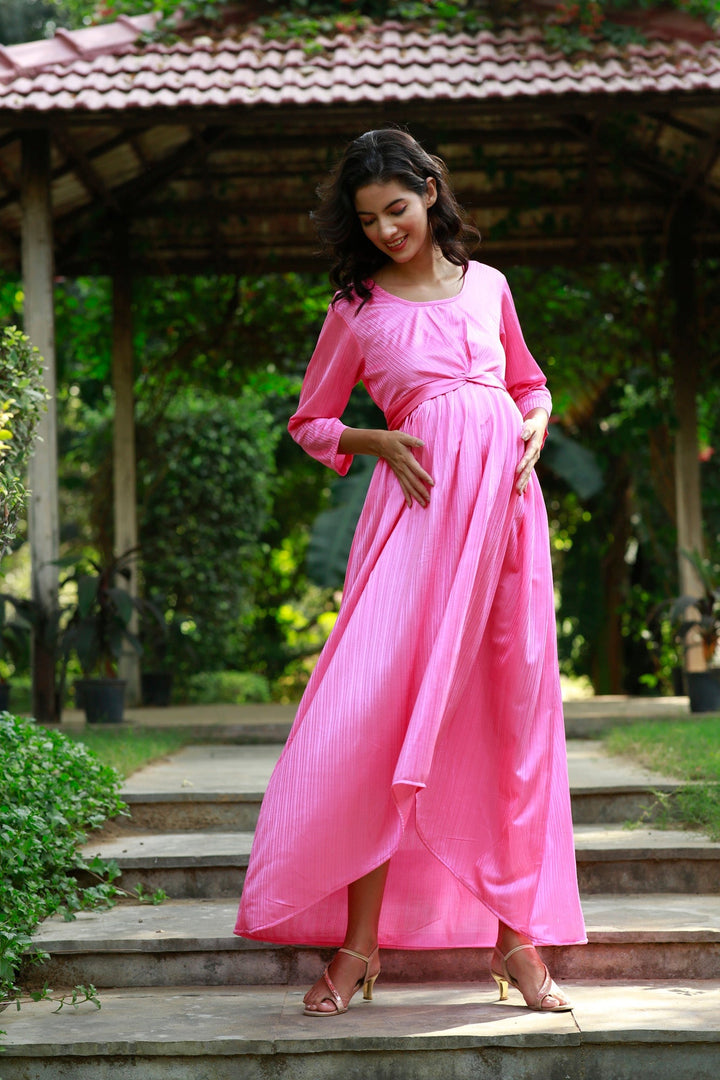 Classy Pink Pleated Maternity Knot Dress MOMZJOY.COM