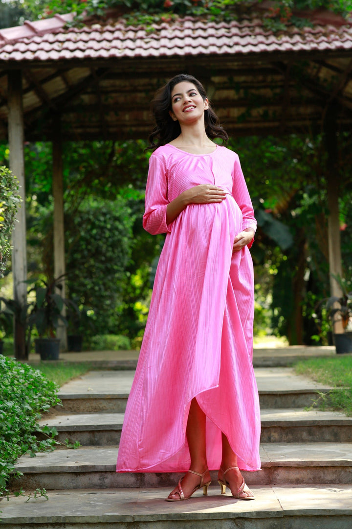 Classy Pink Pleated Maternity Knot Dress MOMZJOY.COM