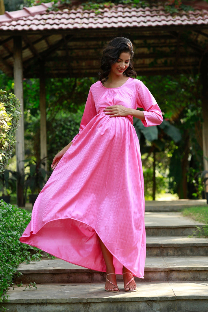 Classy Pink Pleated Maternity Knot Dress MOMZJOY.COM