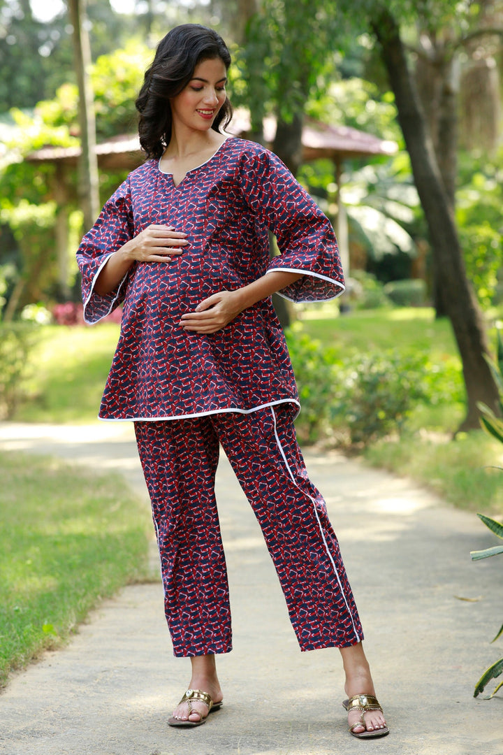 Comfy Merlot Blue Maternity Lounge Coord Set (2Pc) momzjoy.com