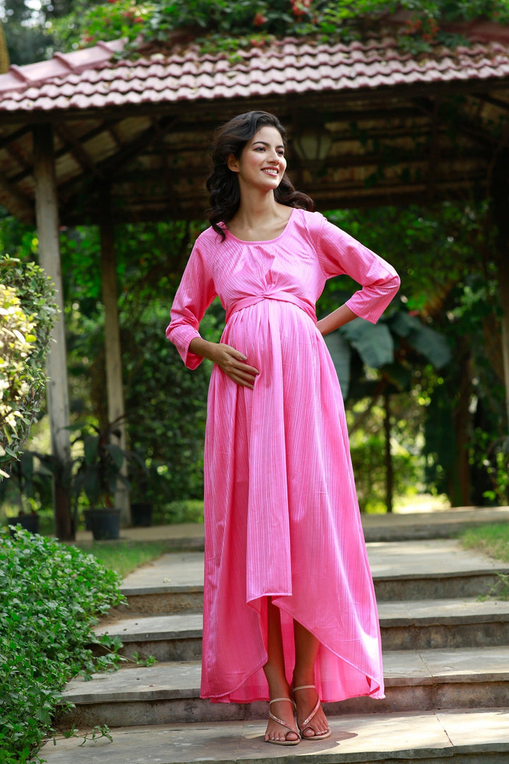 Classy Pink Pleated Maternity Knot Dress MOMZJOY.COM