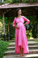 Classy Pink Pleated Maternity Knot Dress MOMZJOY.COM