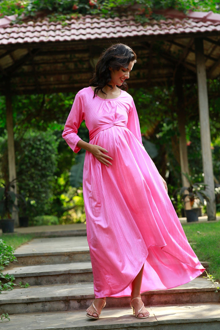 Classy Pink Pleated Maternity Knot Dress MOMZJOY.COM