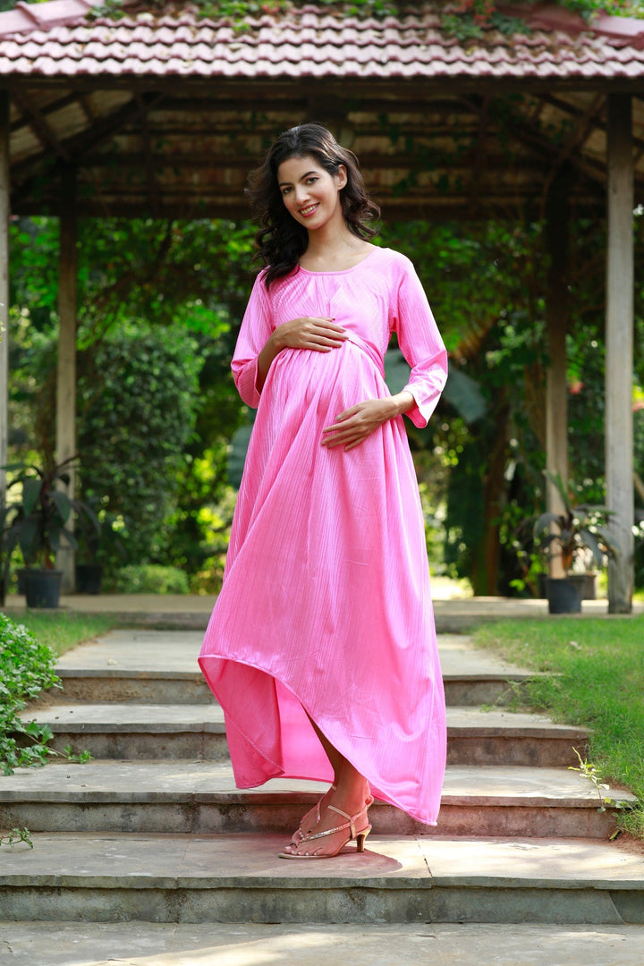 Classy Pink Pleated Maternity Knot Dress MOMZJOY.COM