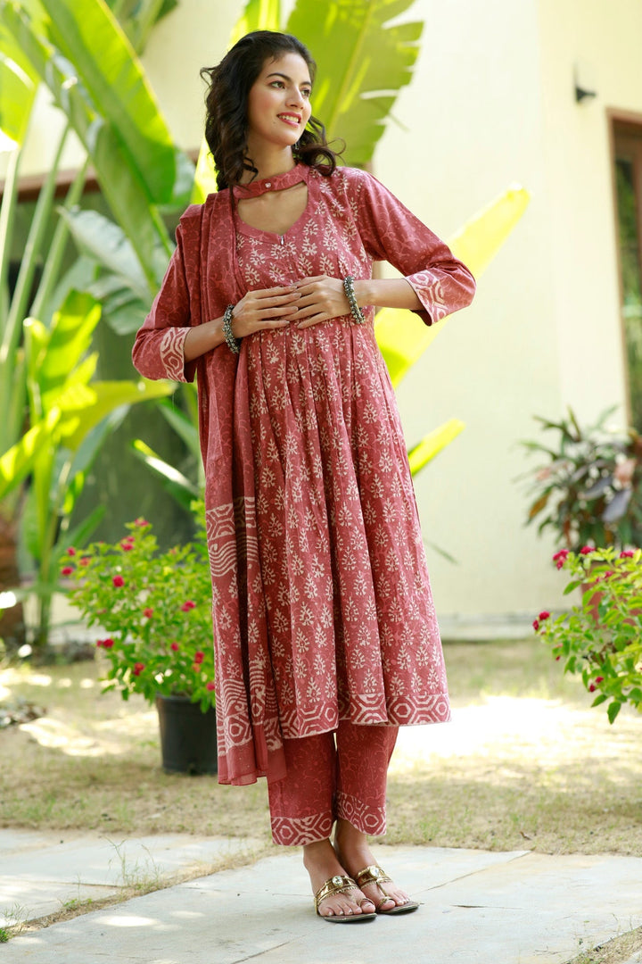 Royal Red Blush Maternity & Nursing Kurta + Bump Band Bottom + Dupatta (3 Pc) (100% Cotton) momzjoy.com