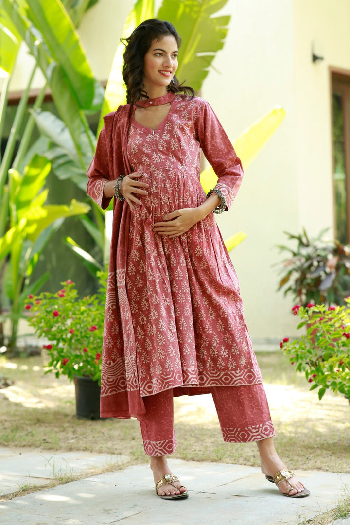 Royal Red Blush Maternity & Nursing Kurta + Bump Band Bottom + Dupatta (3 Pc) (100% Cotton) momzjoy.com