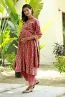 Royal Red Blush Maternity & Nursing Kurta + Bump Band Bottom + Dupatta (3 Pc) (100% Cotton) momzjoy.com