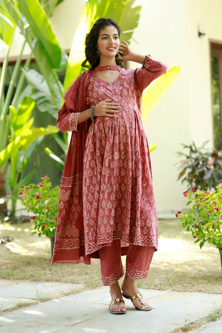 Royal Red Blush Maternity & Nursing Kurta + Bump Band Bottom + Dupatta (3 Pc) (100% Cotton) momzjoy.com