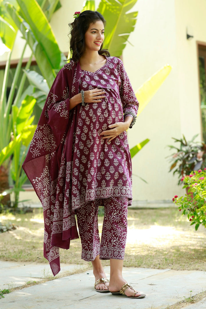 Classic Sangria Floral Maternity & Nursing Kurta + Bump Band Bottom + Dupatta (3 Pc) (100% Cotton) momzjoy.com